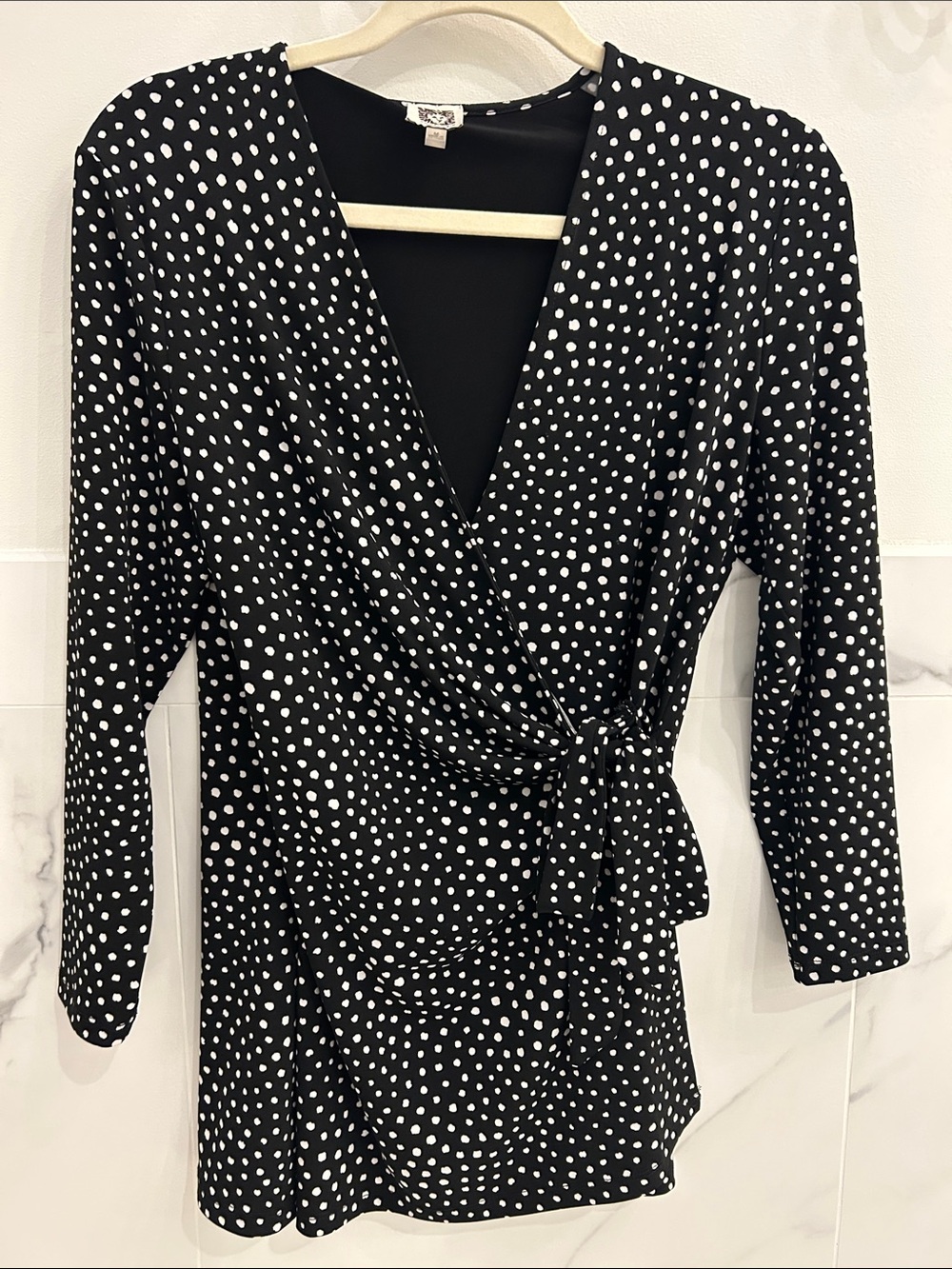 Anne Klein Black and White Polka Dot Wrap Top